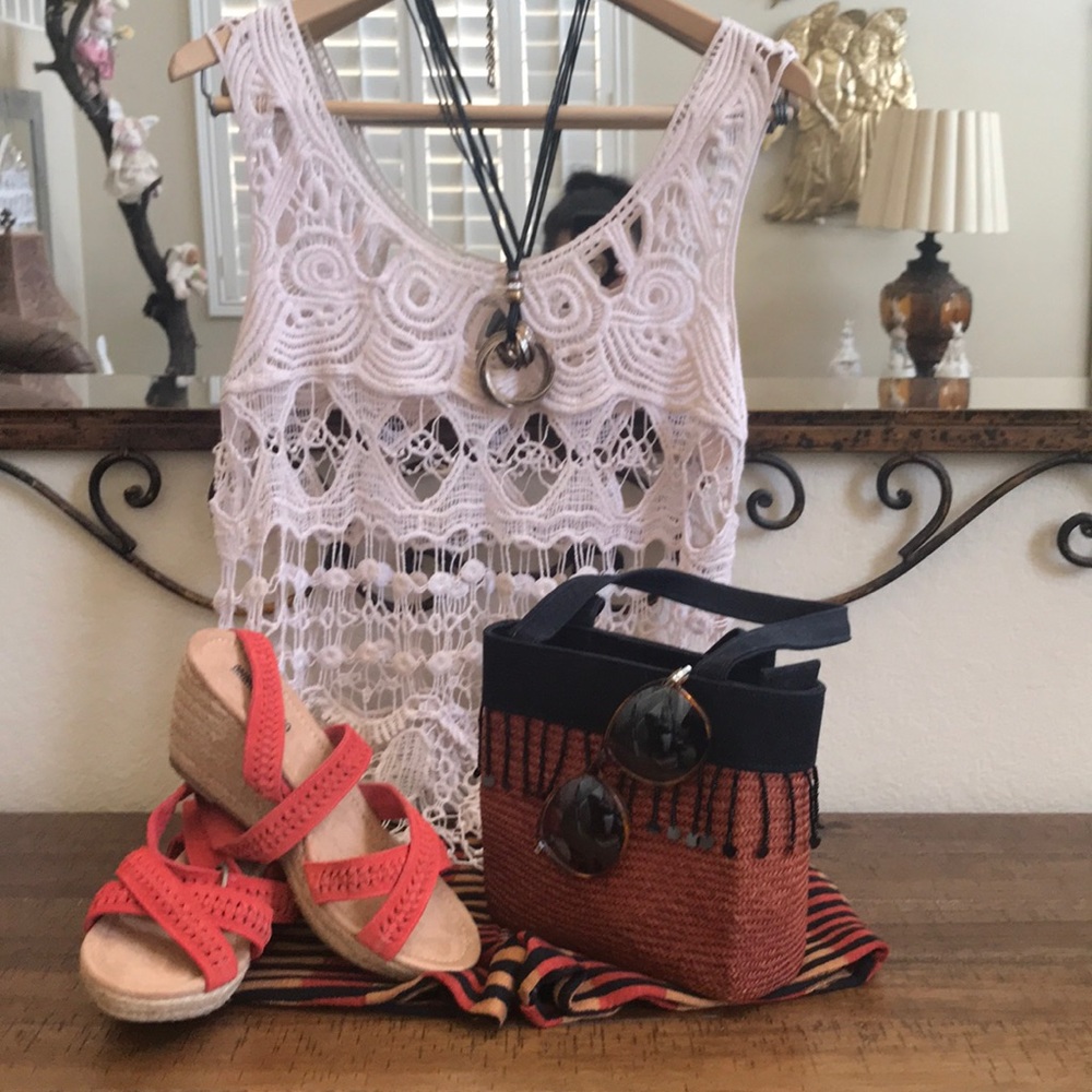 Crocheted tank with knotted fringe